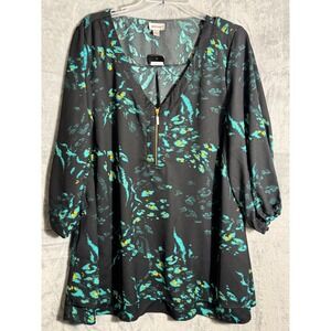 Avenue Women's Black Teal Yellow Print Quarter Tunic Meila zip Top Size 20 NEW